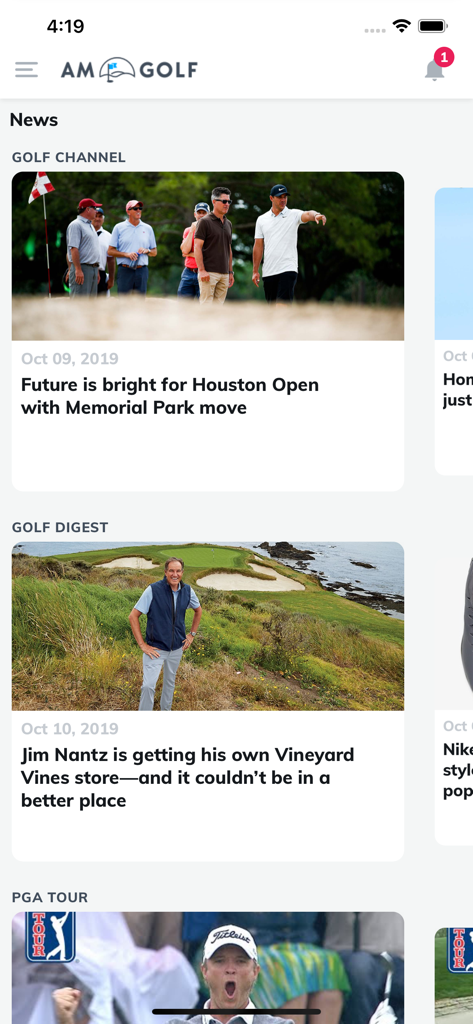 AM Golf - AM Golf app news feed showing golf industry articles from Golf Channel and Golf Digest