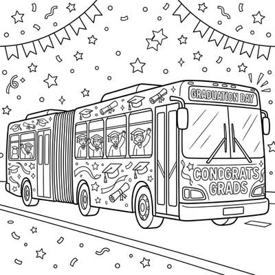 Join the festive parade with this vibrant articulated bus coloring page, perfectly designed to celebrate graduation day! Watch as happy graduates wave from the windows, ready to embark on their next big adventure.