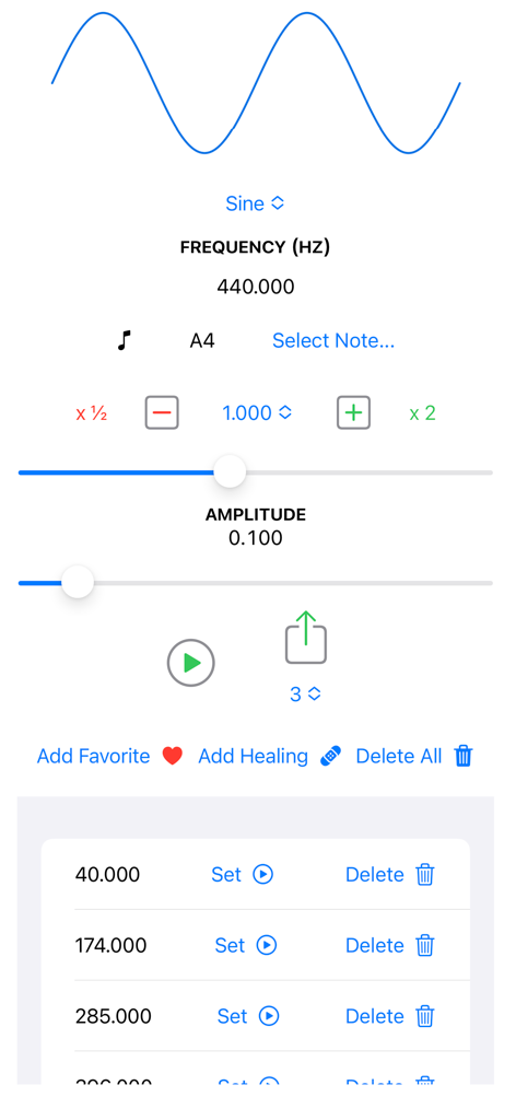 Interface of TonePlayer app showing a sine wave visualization and controls for selecting audio frequencies and amplitudes