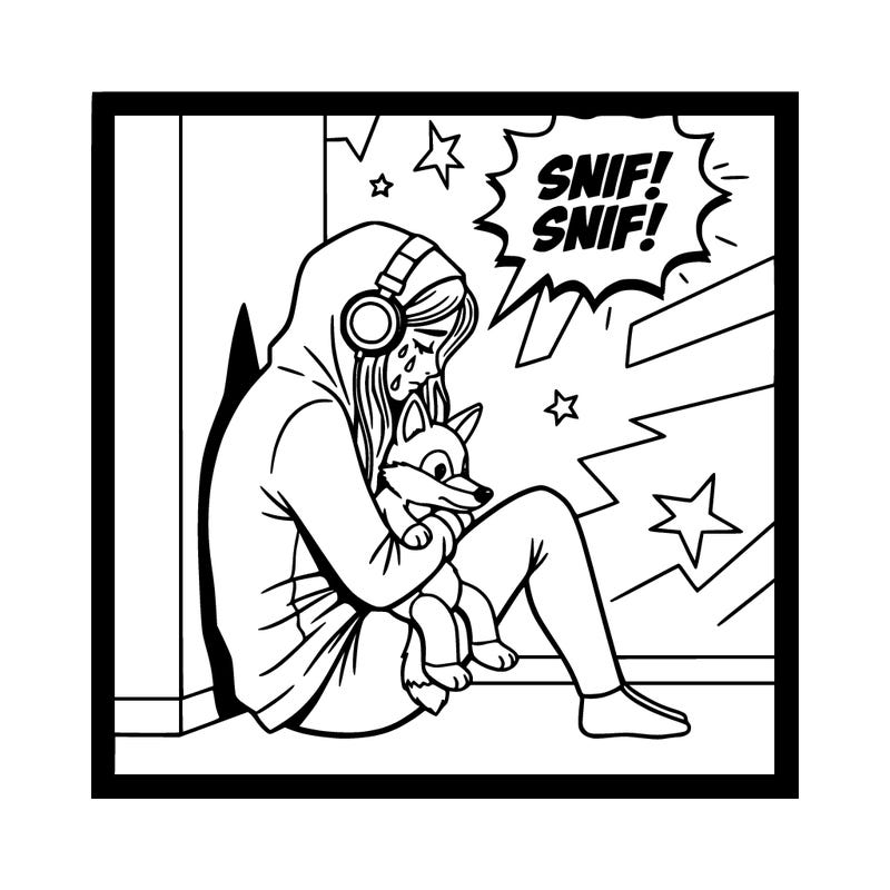 a teen girl sitting against a wall who has her hood up and is listening to music and crying and holding a coyote plushie.