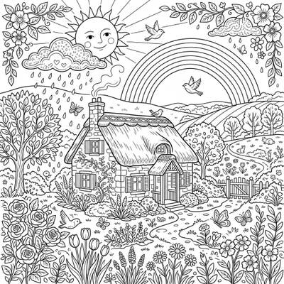 Escape to a charming spring day with this delightful cottagecore coloring page. Featuring a cozy thatched cottage, a smiling sun, gentle rain, and a beautiful rainbow, it's perfect for a relaxing creative session.