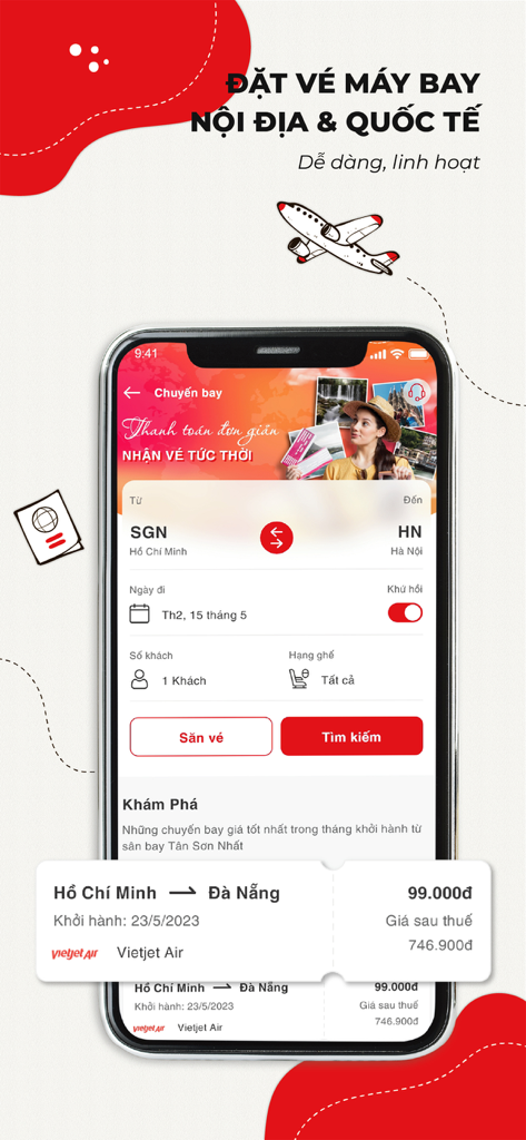 Sen Vàng Group - Tela do aplicativo Sen Vang Group exibindo opções de busca de voos de Ho Chi Minh para Hanói com ofertas de companhias aéreas locais
