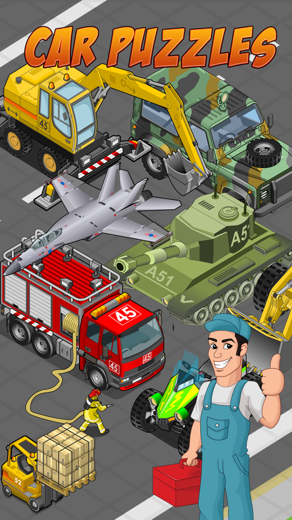 Car Puzzles Drag & Drop - Cartoon vehicle puzzles featuring a fire truck tank and excavator with a smiling mechanic
