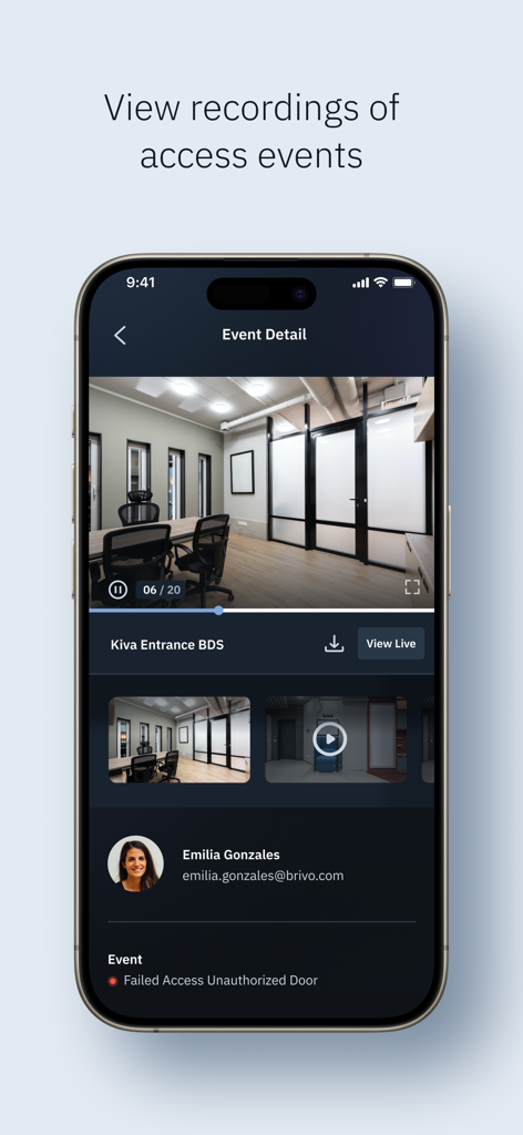 Brivo Access - 실패한 무단 문 출입 보안 영상 기록을 보여주는 Brivo Access 앱 화면