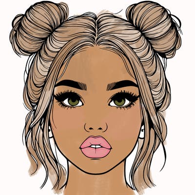 realistic girl with two buns on her hair and lips
