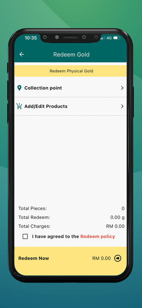 Mobile app screen for redeeming physical gold with collection point and product selection options