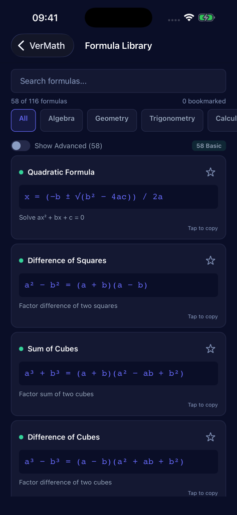 VerMath app formula library interface showing algebra equations like the quadratic formula in dark mode