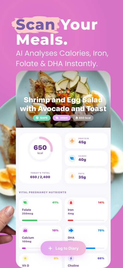 Pregnancy Food: PregnancyPlate - PregnancyPlate 앱 인터페이스가 AI 식사 스캔과 단백질, 철분, 엽산, 칼슘의 상세 영양 분석을 보여줌