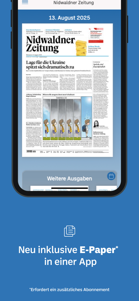 Interfaccia dell'app mobile Nidwaldner Zeitung che mostra un'edizione di giornale digitale epaper