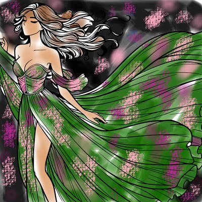realistic woman in dress flowing the the wind