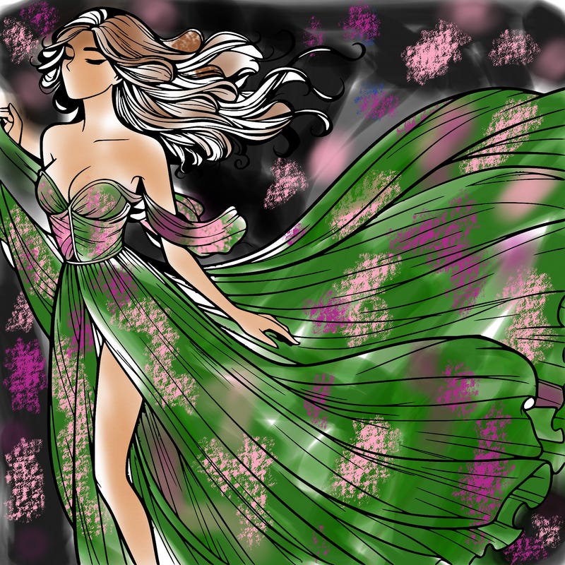 realistic woman in dress flowing the the wind