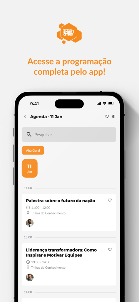 Écran d'application mobile montrant le programme de l'événement et les sessions de conférences pour le sommet Connected Smart Cities.