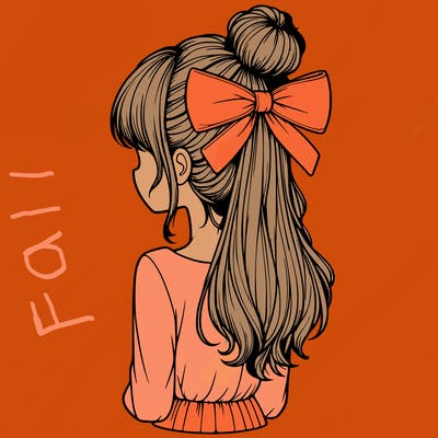 realistic girl  with hip length hair a bun and a big bow on the back of head