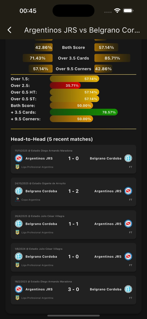 Golden Chat App - Statistiques détaillées de matchs sportifs et écran d'historique des confrontations directes montrant les pourcentages et les résultats récents