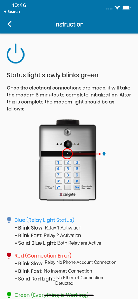 Instruction screen in the CellGate app explaining the meaning of different status lights on the hardware keypad