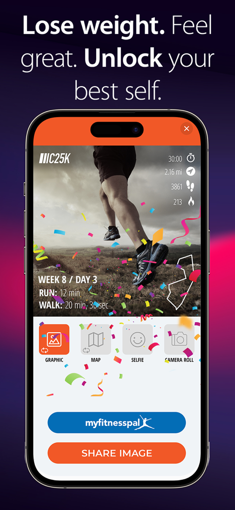 C25K® 5K Running Coach & Map - C25K running app interface showing workout completion stats with confetti and sharing options.