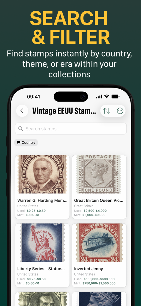 StampLens AI - Scan & Collect - Mobile app interface for searching and filtering a vintage stamp collection by country and market value.