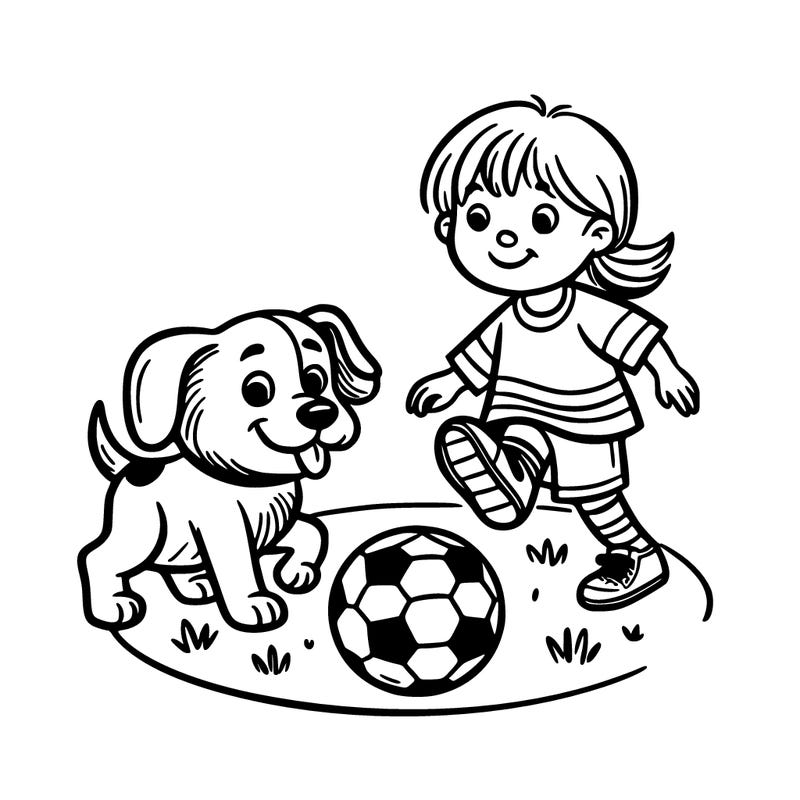 dog playing soccer with young girl