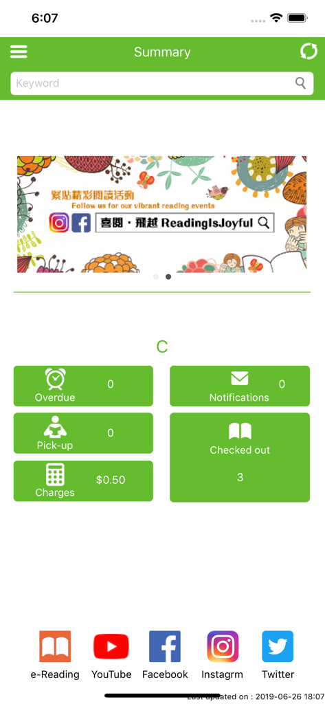 My Library (LCSD) - The summary dashboard of the My Library LCSD app showing checked out items overdue status and account charges.