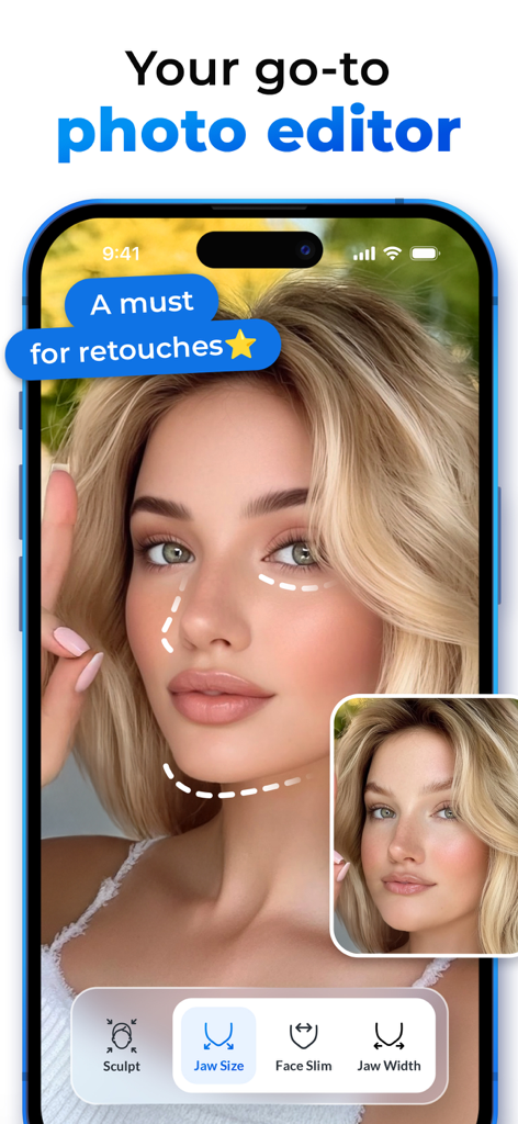 A mobile app interface of Facelab showing facial retouching tools like jaw size and face slimming on a woman portrait