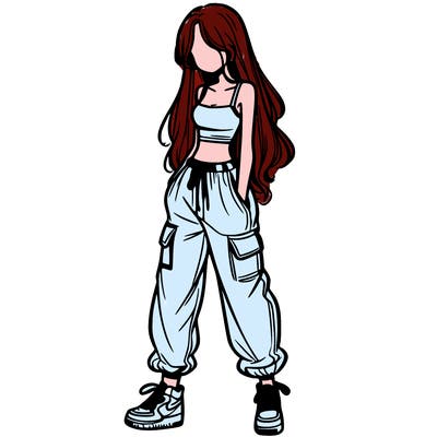 girl in baggy pants crop top and long hair