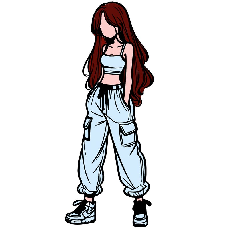 girl in baggy pants crop top and long hair
