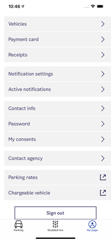 Account settings menu in the Bil i Oslo app showing vehicle and payment information options.