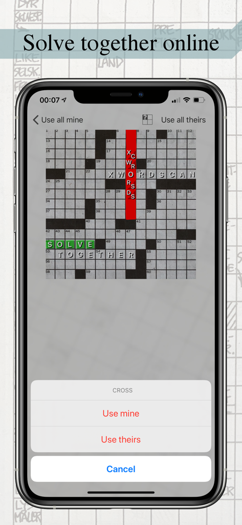 Crossword Scanner Coop app interface displaying the collaborative solve together online feature on a smartphone screen