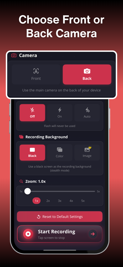 Settings screen of the NoCam app showing camera selection flash controls and stealth background options