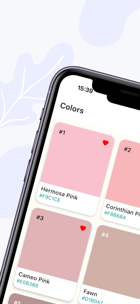 WS Colors - Mobile app interface displaying a list of color swatches with names and HEX codes