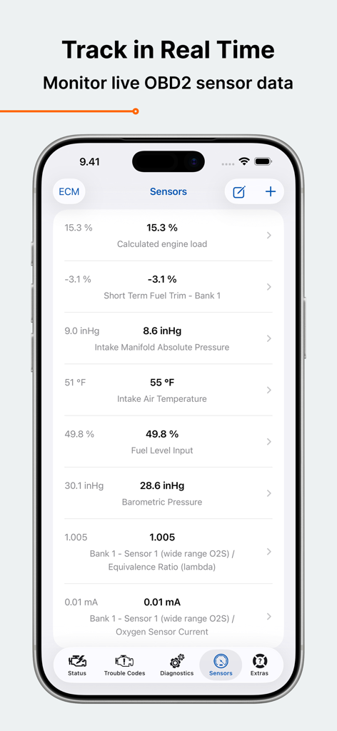 Monitoreo de datos de sensores OBD2 en tiempo real en la interfaz de la aplicación Car Scanner