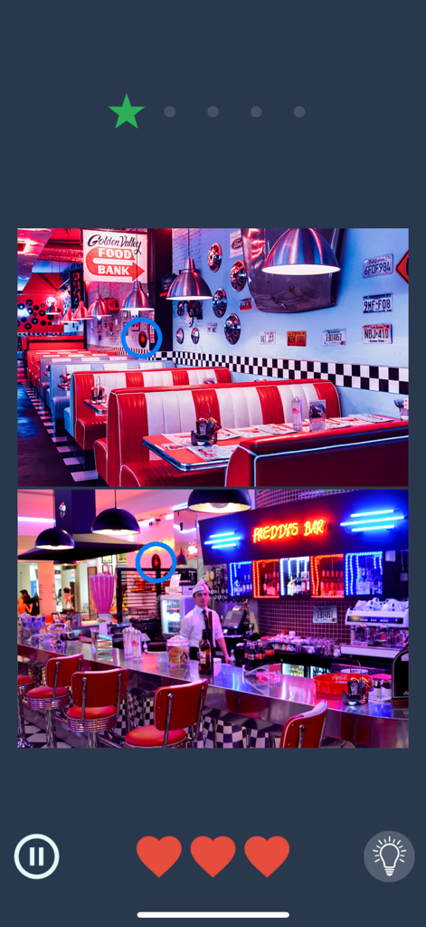 A mobile game screen showing two different retro diner images where players find matching items.