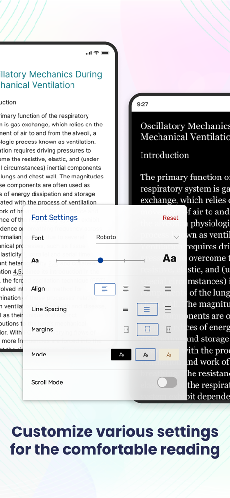 Interface of Kitaboo Player showing font customization and reading modes for educational eBooks.