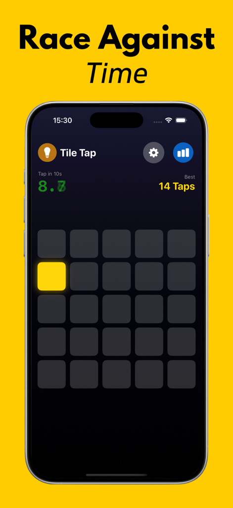 A smartphone showing the Tile Tap mini game in the Reactz app with a yellow tile and a countdown timer.