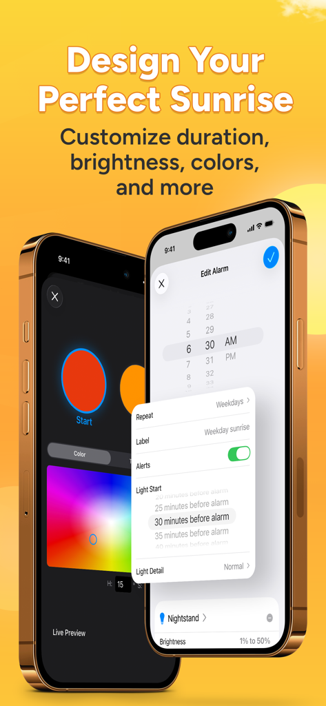 Two iPhones displaying the Sunrise Alarm app interface for customizing smart light wake up settings like colors and duration