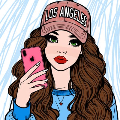 realistic beautiful girl wearing los ángeles cap holding an iphone