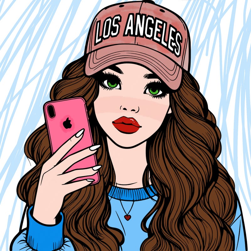 realistic beautiful girl wearing los ángeles cap holding an iphone