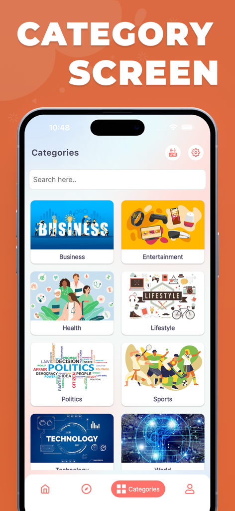ビジネス、健康、政治、テクノロジーなど、ニュースカテゴリーのグリッドを表示するモバイルアプリインターフェース。