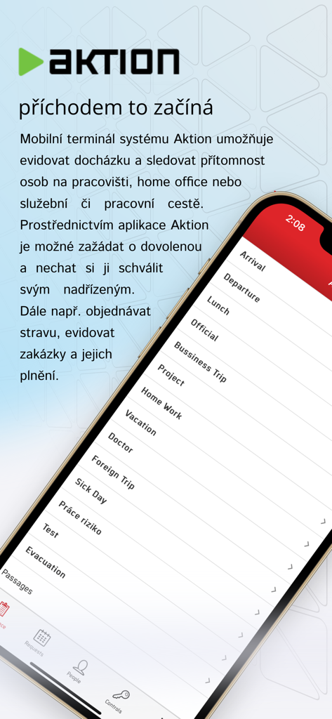 Aktion mobile App-Oberfläche, die ein Menü zur Erfassung von Mitarbeiternanwesenheit und Arbeitsstunden anzeigt