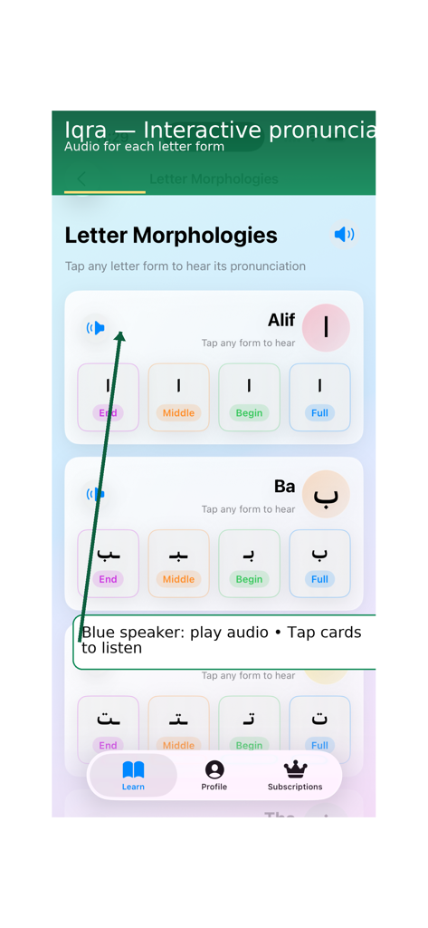 Learn Quran Reading by-Steps - Interface of the Iqra app showing Arabic letter morphologies for Alif Ba and Ta with interactive pronunciation audio buttons