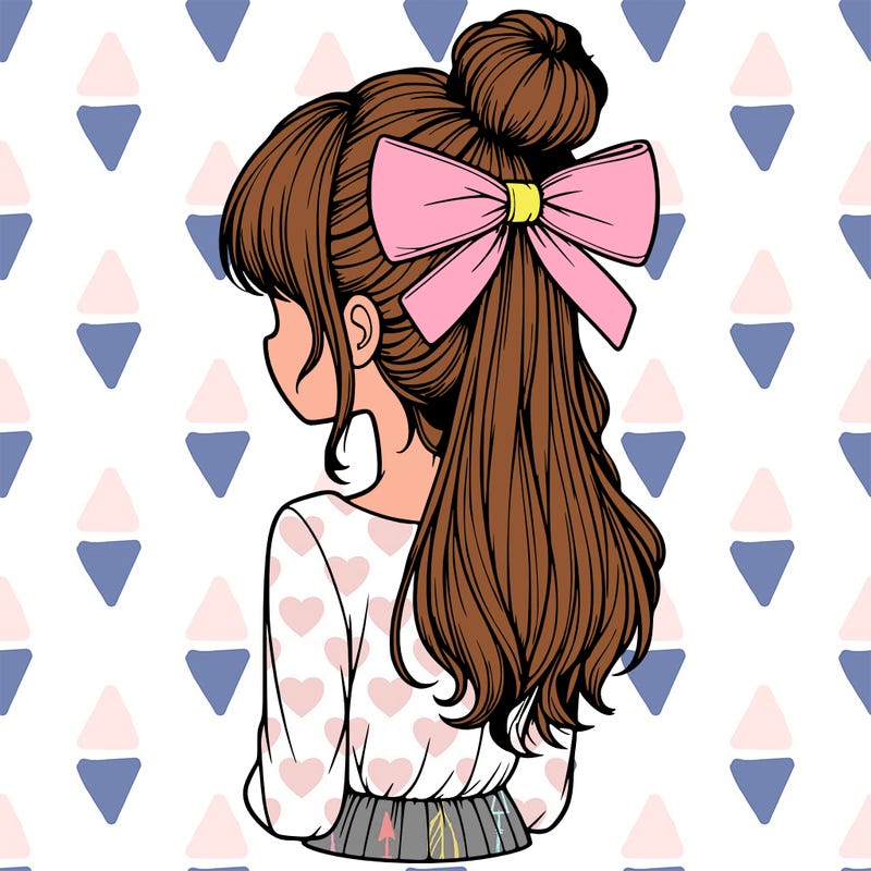 realistic girl  with hip length hair a bun and a big bow on the back of head