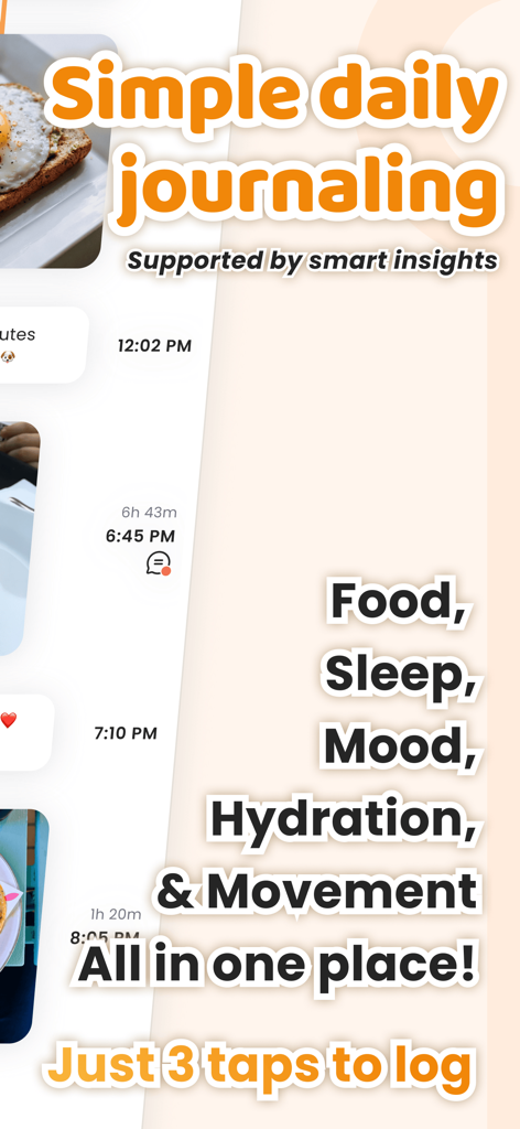 AteMate app screenshot showing a holistic health timeline for tracking food sleep mood hydration and movement