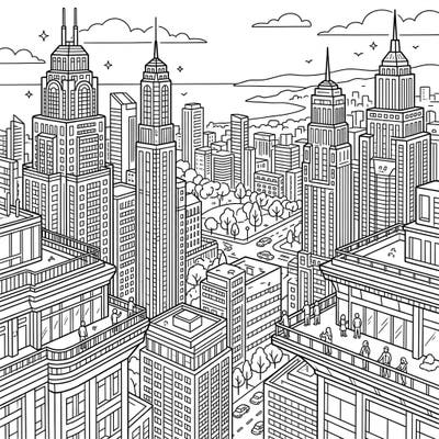 Dive into the heart of a bustling metropolis with this captivating coloring page featuring magnificent observation deck skyscrapers. Capture the vibrant energy of city life as you bring this detailed urban landscape to color.