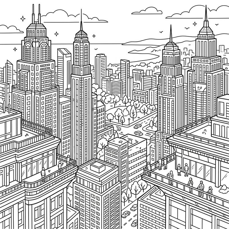 Dive into the heart of a bustling metropolis with this captivating coloring page featuring magnificent observation deck skyscrapers. Capture the vibrant energy of city life as you bring this detailed urban landscape to color.