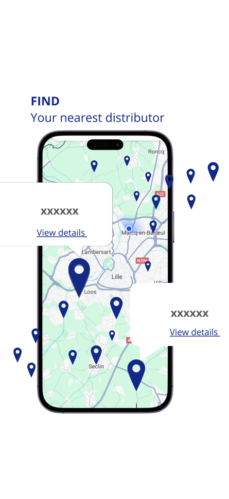 Screenshot of the Lesaffre and Me app showing a map with locations for the nearest product distributors