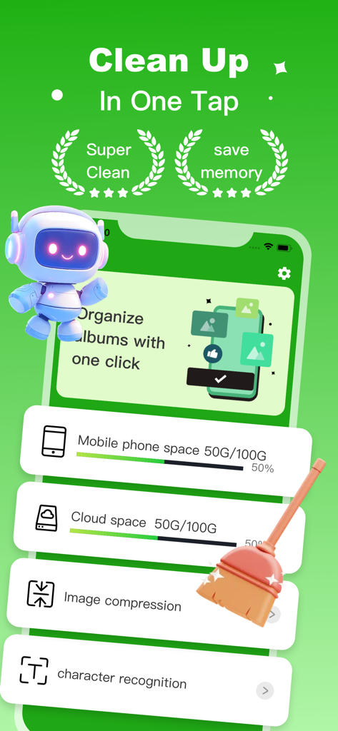 Clean Master：Storage Cleaner - Interfaz de la aplicación Clean Master Storage Cleaner que muestra la limpieza de un toque y las funciones de organización de fotos