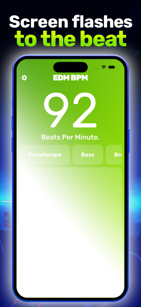 BPM Counter App ∎∎ EDM BPM - Smartphone-Bildschirm der BPM Counter App mit 92 Beats pro Minute und einem hellen Stroboskop-Effekt.