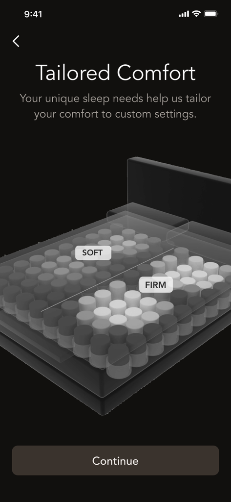 Bryte Balance - Bryte Balance app screen showing dual comfort zones for soft and firm mattress settings.