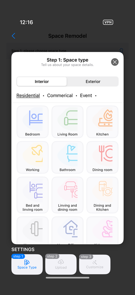 Space Remodel - Space Remodel app screen showing a menu to select different interior room types like bedroom and living room for AI design