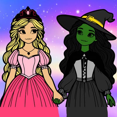 a princess and a witch holding hands realistic